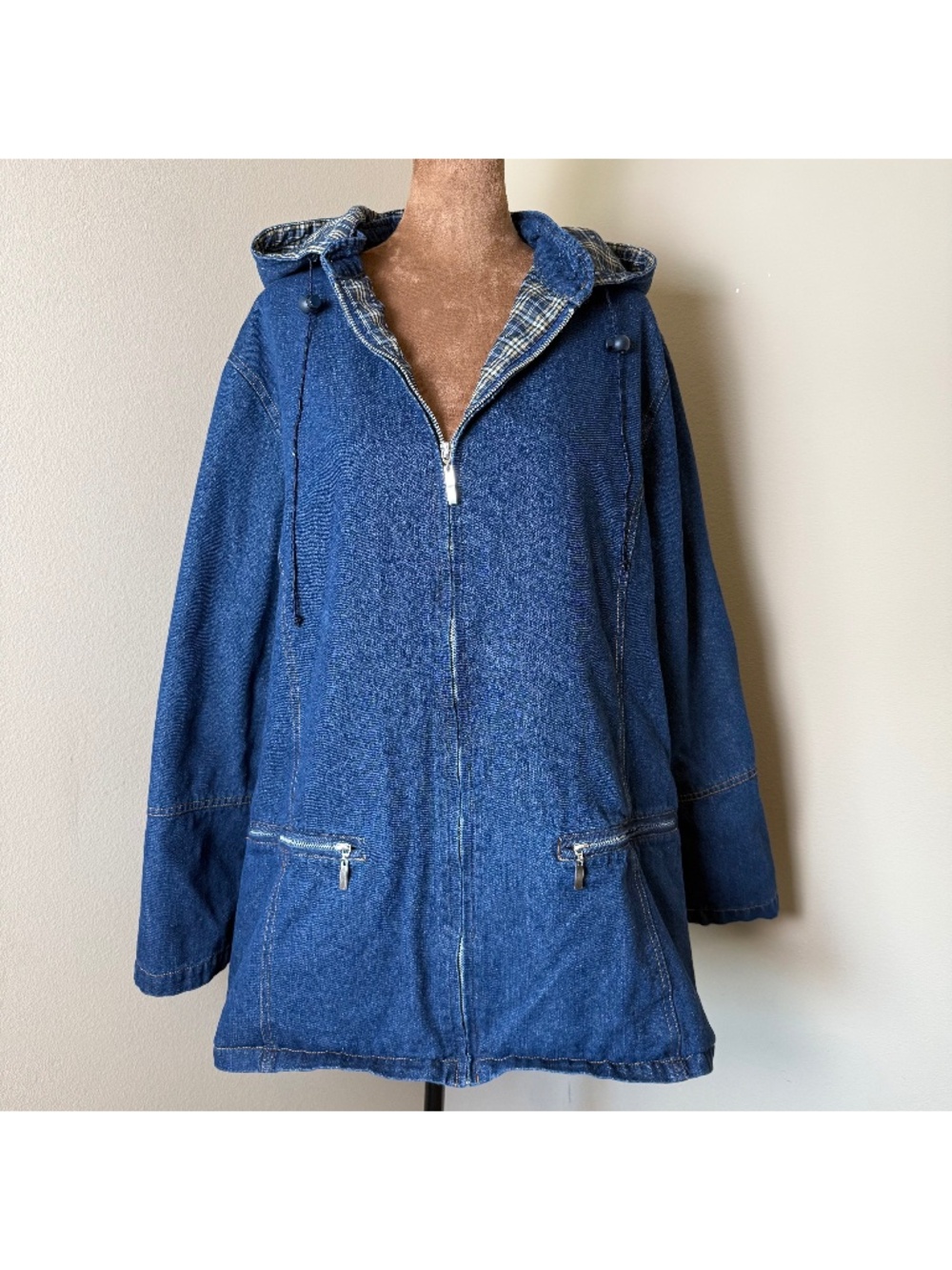 Vintage Tudor Court Denim Jacket Womens XL Plaid Lined Coat Removable Hood 90s